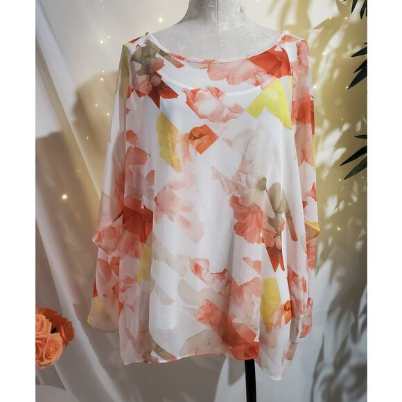 Calvin Klein Floral Sheer Tank Lined Slit Flutter Sleeve Chiffon Blouse Size 1X - Picture 1 of 11